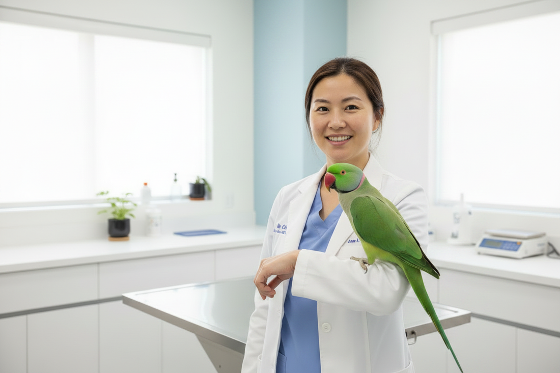 friendly vet in a white coat gently holding a colourful parrot in a bright clinic setting