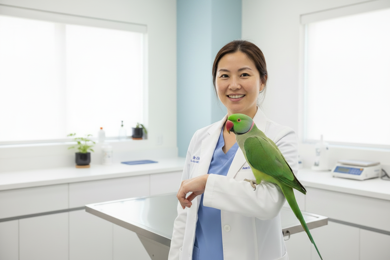 friendly vet in a white coat gently holding a colourful parrot in a bright clinic setting