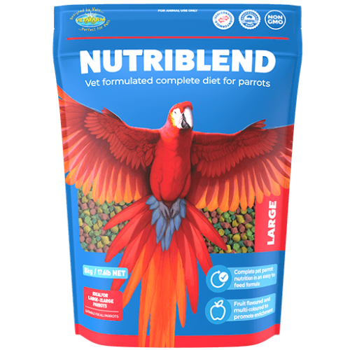 Nutriblend parrot food package with a red parrot on the label