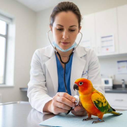 A veterinarian in a white lab coat examines a Sun Conure