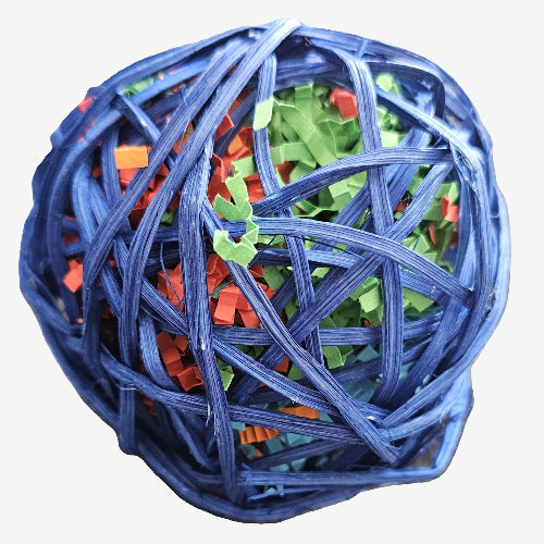 A round bird safe rattan ball toy made of blue wicker, filled with shredded paper filler in green, orange, and blue