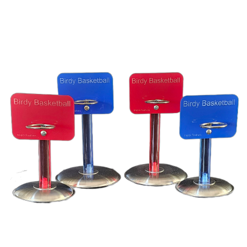 Four Birdy Basketball hoop stands in both red and blue with stainless steel bases and hoops