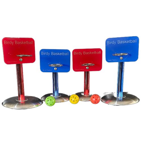 Four Birdy Basketball hoop stands in both red and blue with stainless steel bases and hoops