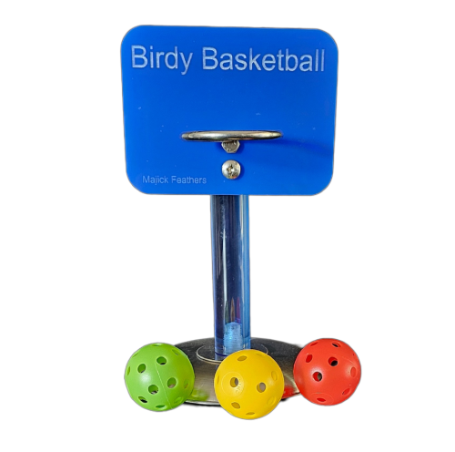 A Birdy Basketball toy set with a blue backboard and three colorful perforated balls in green, yellow, and red