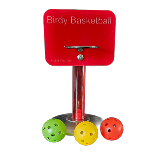 A red Birdy Basketball toy and three colorful perforated balls in green, yellow, and red