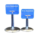 Two blue Birdy Basketball hoop stands with stainless steel bases and hoops