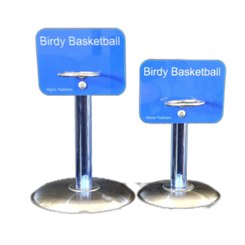 Two blue Birdy Basketball hoop stands with stainless steel bases and hoops