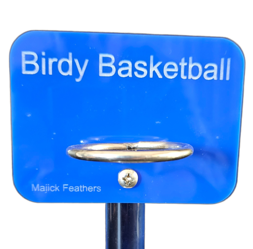 A close-up of a blue Backboard reading 'Birdy Basketball'  The brand name 'Majick Feathers' is printed in the bottom left.