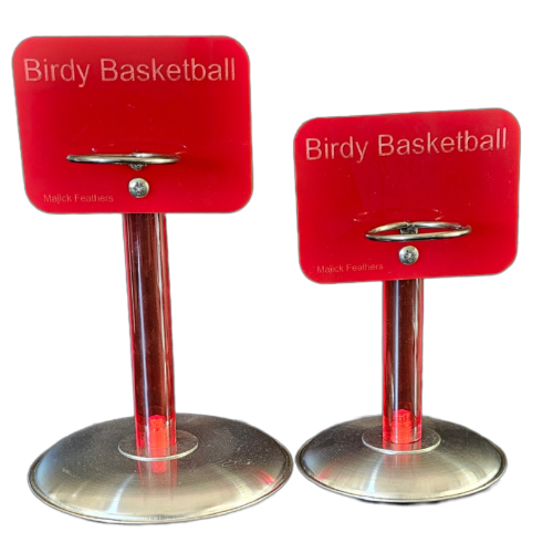 Two red Birdy Basketball hoop stands with stainless steel bases and hoops