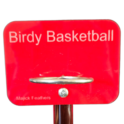 A close-up of a red backboard with the words 'Birdy Basketball' printed in white on the back and 'Majick Feathers' printed in the lower left corner.