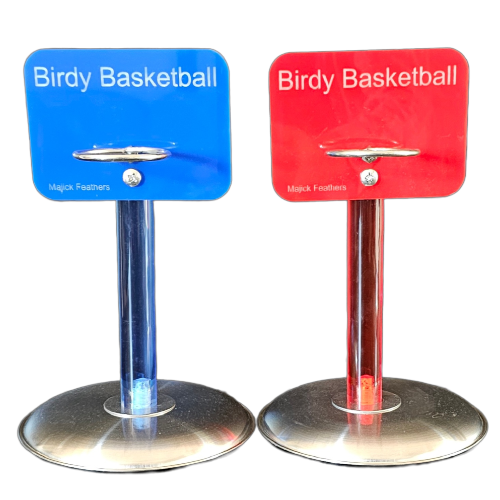 Two Birdy Basketball hoop stands side by side, one blue and one red