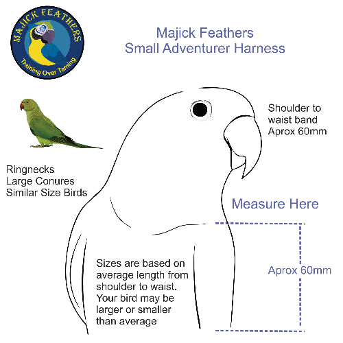 A size guide diagram for the Majick Feathers Small Adventurer Harness