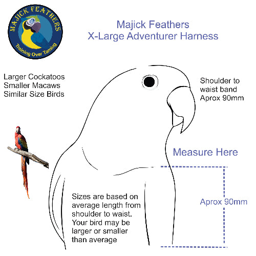 Size guide diagram for the Majick Feathers X-Large Adventurer Harness