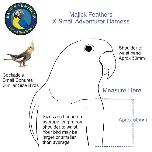 Size guide diagram for the Majick Feathers X-Small Adventurer Harness