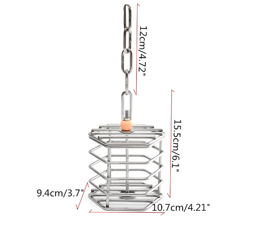 A stainless steel bird safe baffle cage with measurements