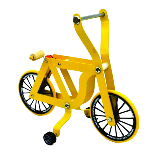 A yellow bird safe stainless steel birdy bike with training wheels