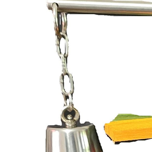 A close-up of a bird safe welded stainless steel bell suspended by stainless steel chain