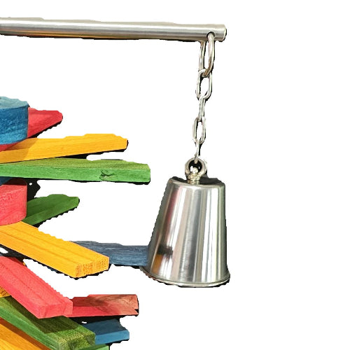 A close-up of the bird safe welded stainless steel bell suspended by stainless steel chain from a stainless steel tube