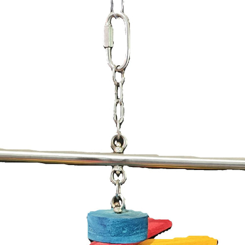 A close-up of the bird safe stainless steel welded chain used for hanging the Chew n Chime bird toy