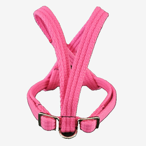 A pink woven fabric bird harness with stainless steel D-rings and adjustment buckles