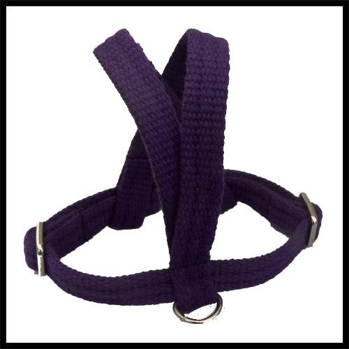A purple woven fabric bird harness with stainless steel D-rings and adjustment buckles