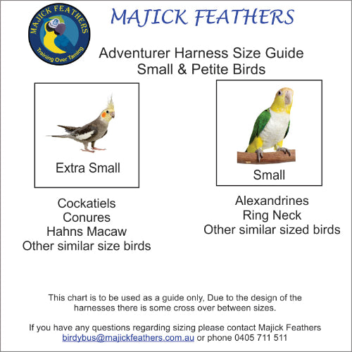 A size guide chart for Majick Feathers bird harnesses, titled 'Adventurer Harness Size Guide Small & Petite BirdsBirds'. 