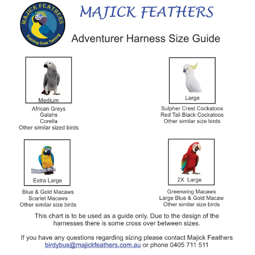 A size guide chart for Majick Feathers Adventurer Harness, showing bird species and sizes (Medium, Large, Extra Large, 2X Large) with photos of birds and text on a white background.