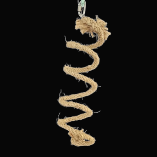 A spiral-shaped natural jute rope bird safe toy with a stainless steel hanging clip at the top
