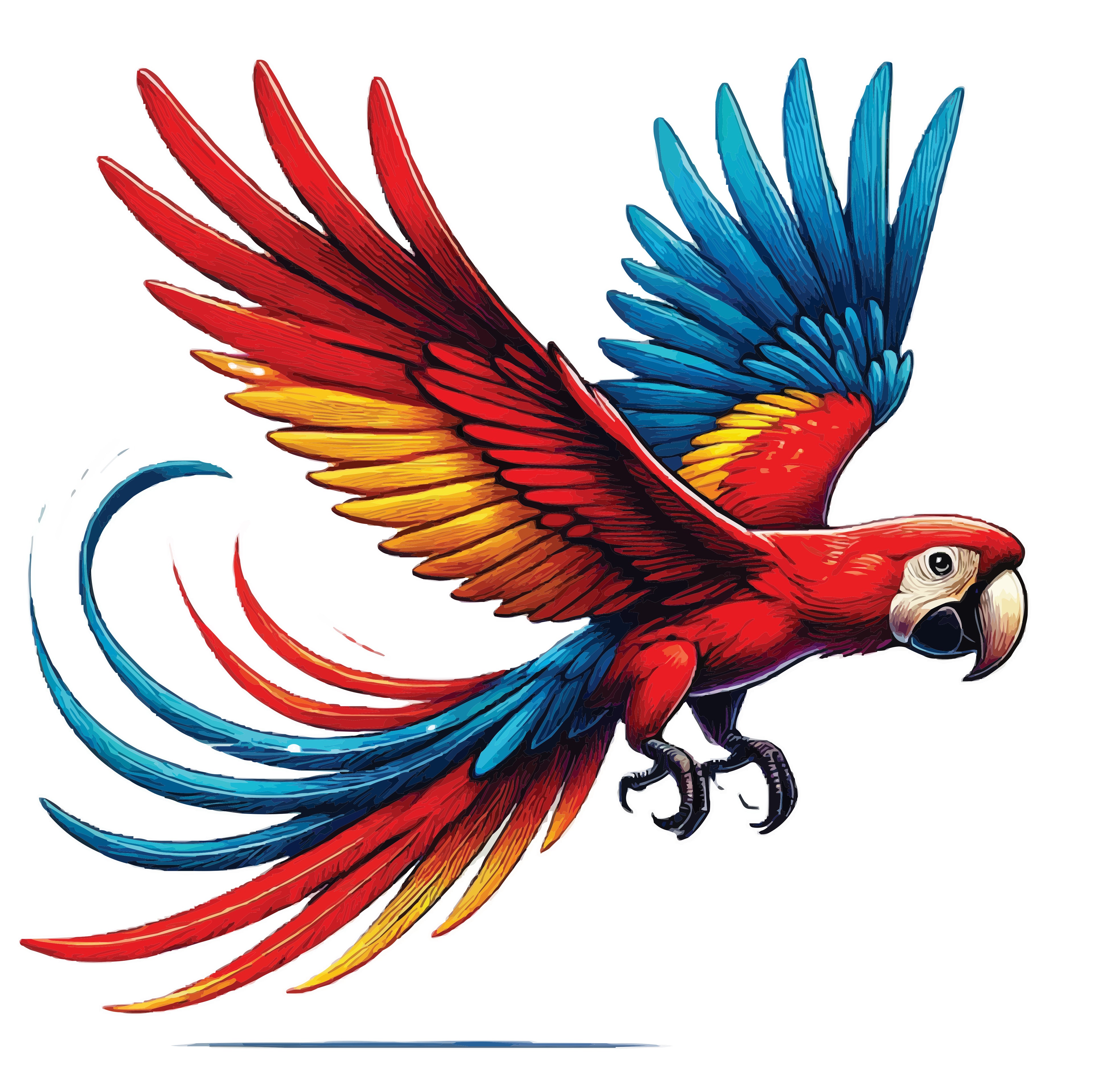A stylized illustration of a flying macaw with bright red, blue, and yellow feathers on a plain white background.