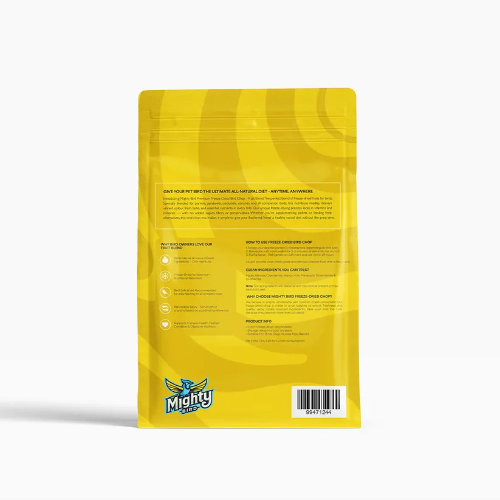 Back of Mighty Bird Freeze-Dried Bird Chop premium Fruit Blend bird food pack
