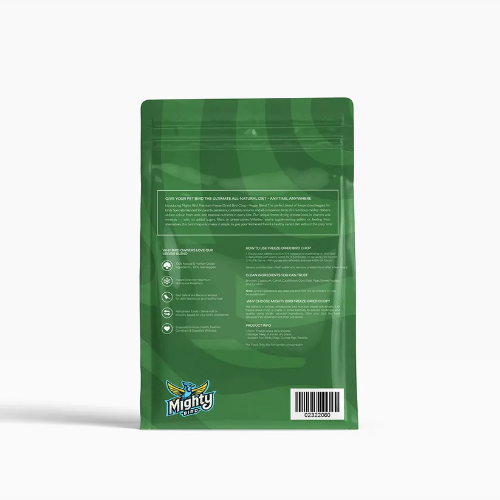 Back of Mighty Bird Freeze-Dried Bird Chop premium Veggie Blend bird food pack