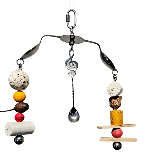 A handmade stainless steel bird toy