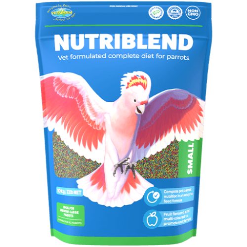 NUTRIBLEND parrot food package with a parrot illustration on a blue background