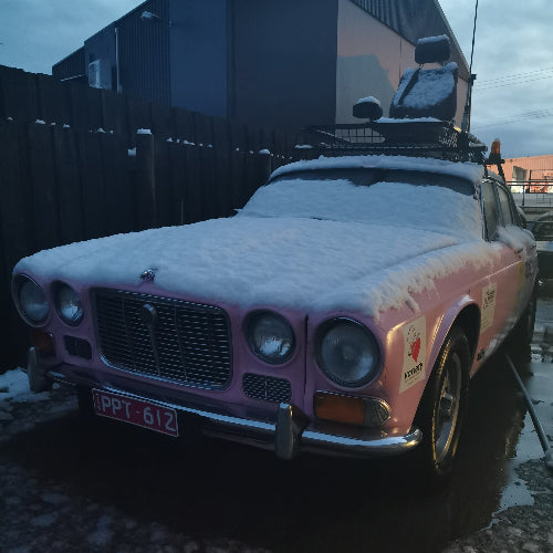 Pink Panther TasBash Car covered in snow