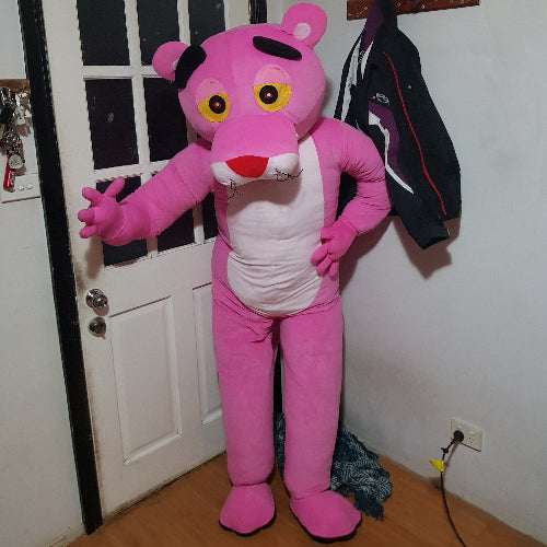 The Pink Panther mascot ready to go on the roof of the "Pink Panther" TasBash car