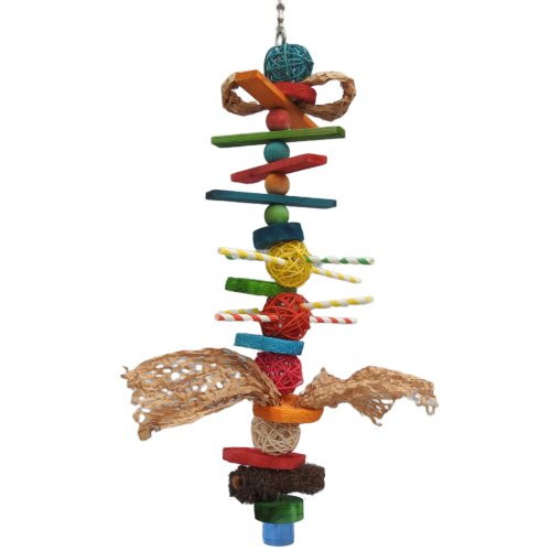A Majick Feathers PLEGO stick loaded with chewable bird safe fun