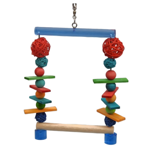 PLEGO Swing bird safe toy hanging frame with a Blue top bar and stopper loaded with chewable fun