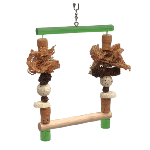PLEGO Swing bird safe toy hanging frame with a Green top bar and stopper loaded with chewable fun