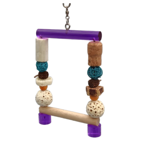 PLEGO Swing bird safe toy hanging frame with a Purple top bar and stopper loaded with chewable fun