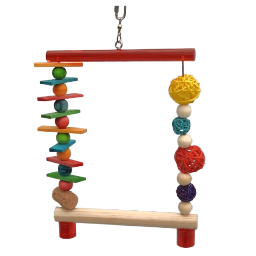 PLEGO Swing bird safe toy hanging frame with a Red top bar and stopper loaded with chewable fun
