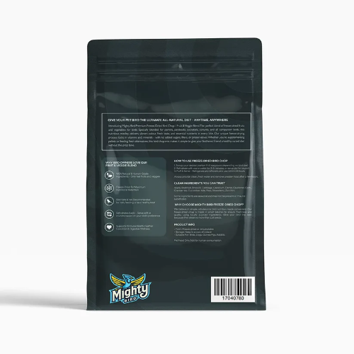 The Back of a Mighty Bird Freeze-Dried Bird Chop Premium Fruit & Veggie Blend  pack