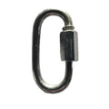 A polished stainless steel carabiner clip with a hexagonal adjustment screw