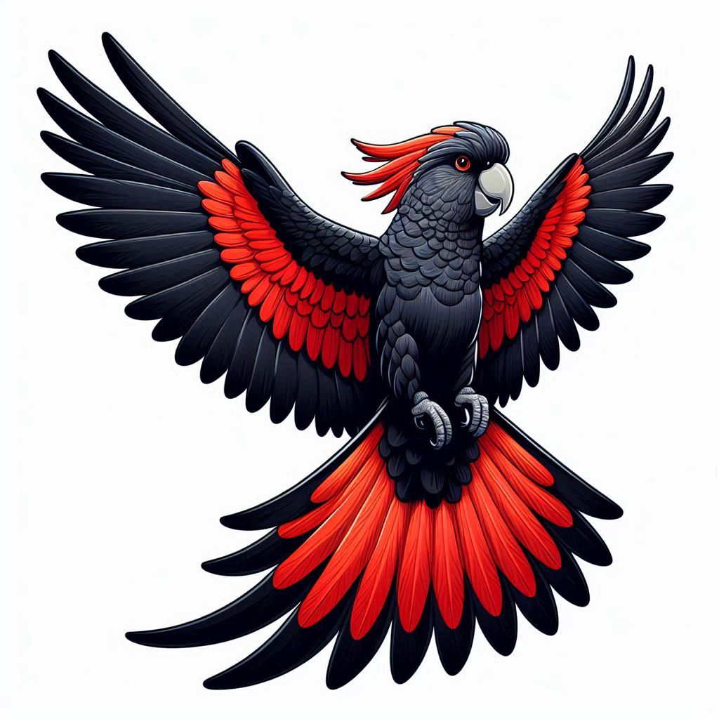 A stylized illustration of a black cockatoo parrot with bright red wings and tail feathers, shown against a plain white background.