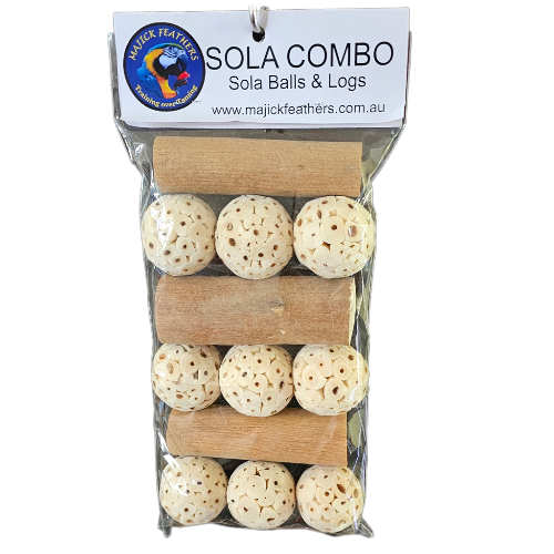 A packaged bird safe set of Sola balls and logs