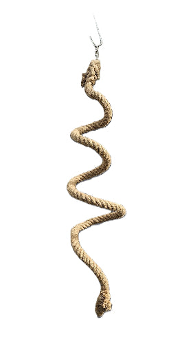 A natural jute rope boing bird safe toy with a textured, twisted coiled shape
