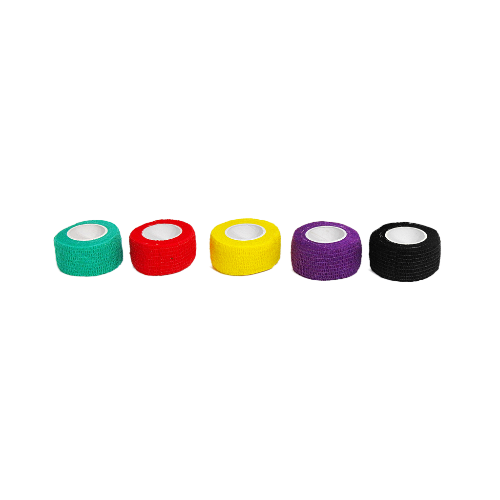 Five 25mm rolls of vet tape in green, red, yellow, purple, and black