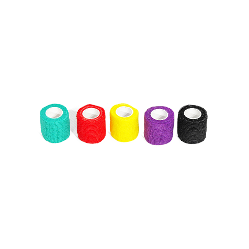 Five 50mm rolls of vet tape in green, red, yellow, purple, and black