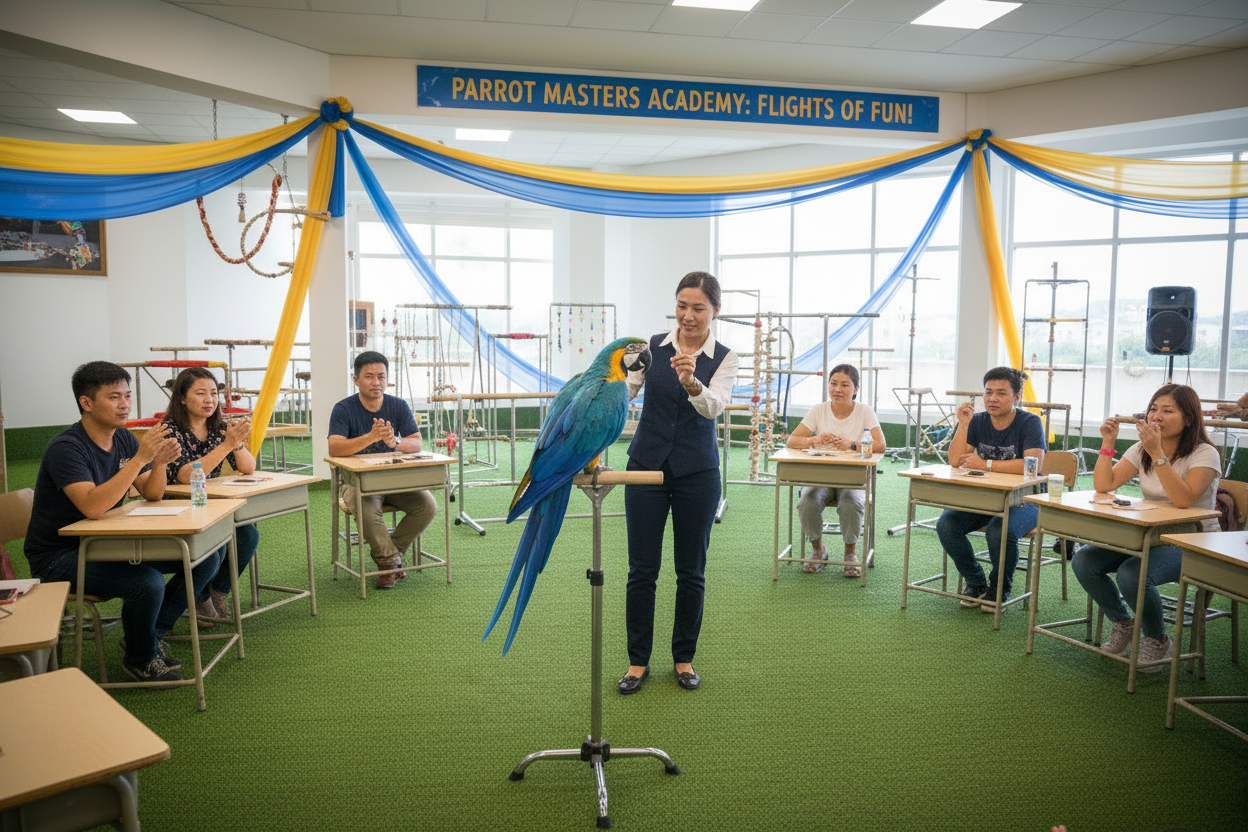 Classroom parrot training session with blue and gold macaw